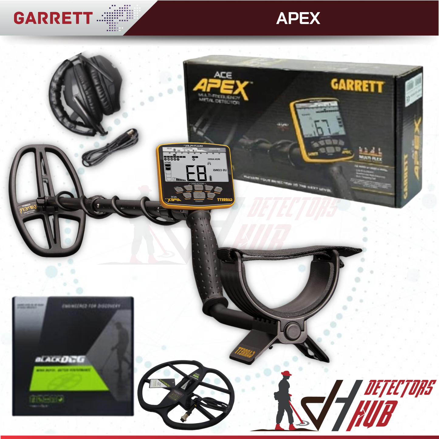 Garrett ACE Apex Metal Detector Bundle – 13"inch BLACKDOG Coil w/ Z-Lynk Wireless Headphones